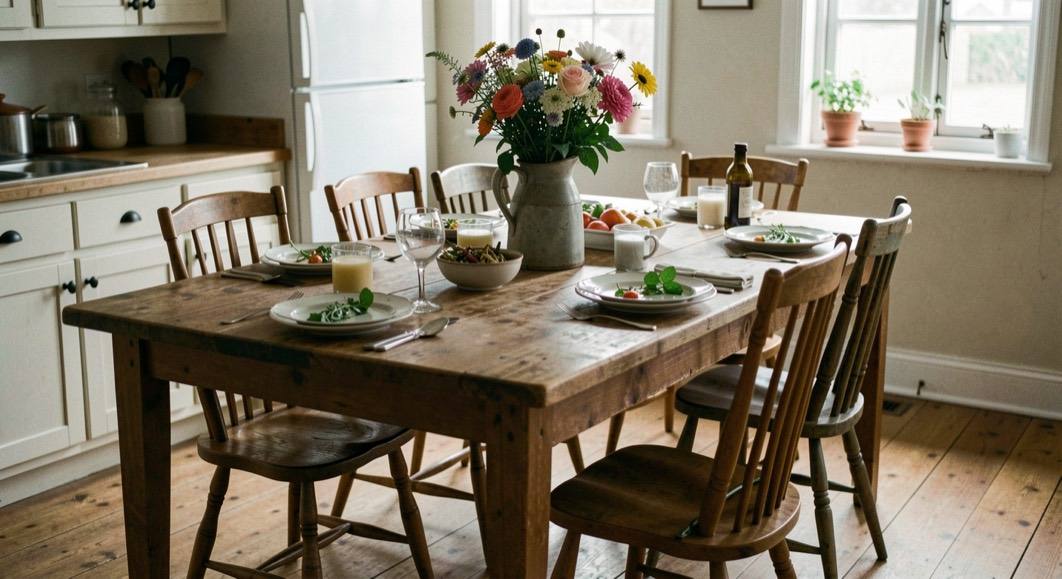A long wooden kitchen table set for a meal with mismatched chairs and a jug of garden flowers.