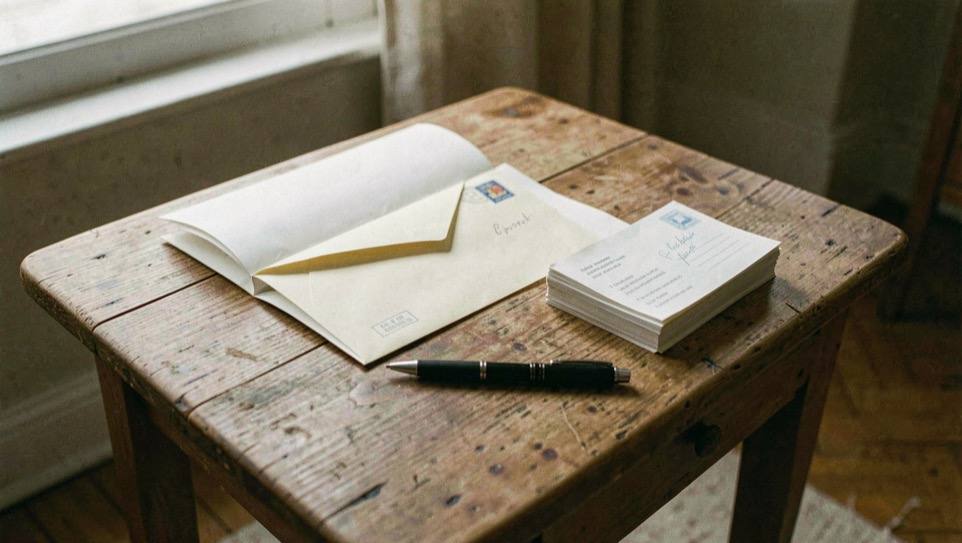 A wooden hall table holding an open envelope, a pen and a small stack of unopened post.