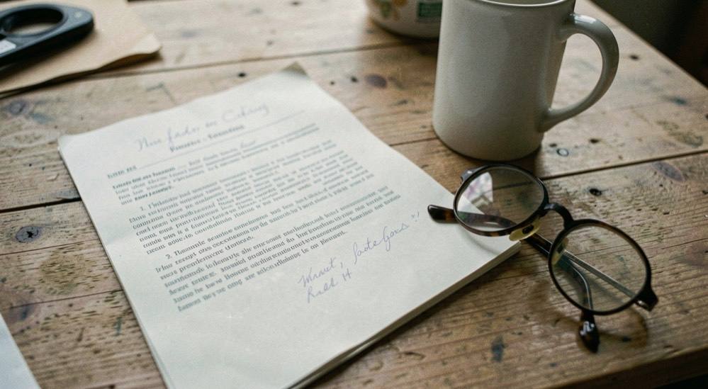 A desk with a printed page marked up in pencil, a mug and a pair of reading glasses on a wooden surface.