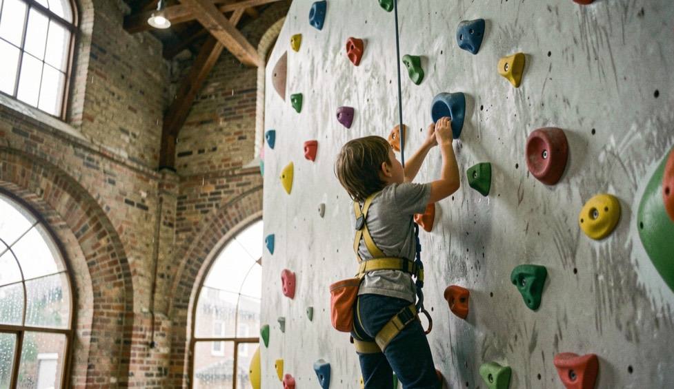 A child in a harness reaching for a bright coloured hold on a tall indoor climbing wall, with rain on the high arched windows of an old brick hall behind.