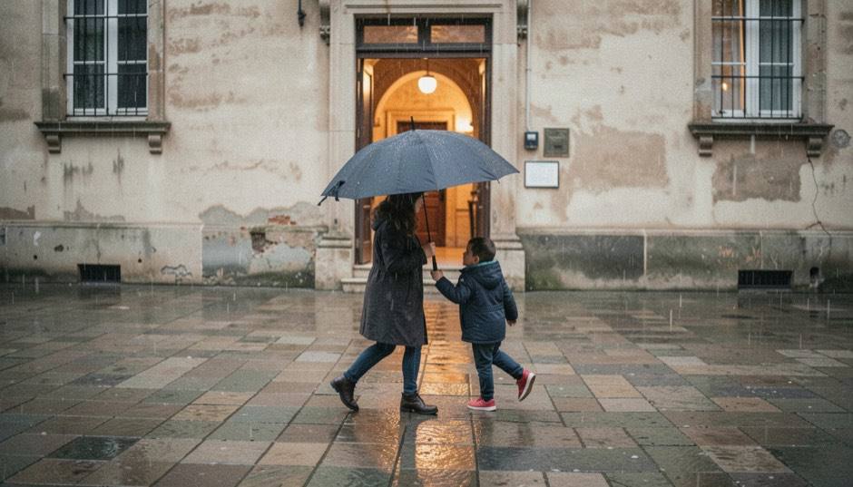 A parent and child sharing one umbrella as they cross a rain-soaked stone square towards the lit doorway of an old building on a grey afternoon.