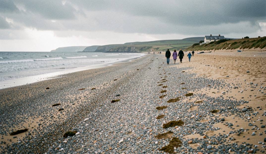 A wide pebble and sand beach in Devon under a grey sky, with a family walking near the tideline in coats.