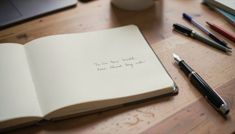 A ring binder open on a kitchen table beside a pencil and a small stack of dated photographs, morning light from a side window falling across the page.