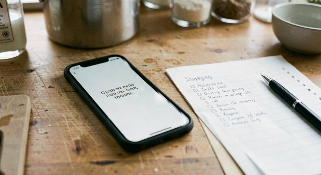 A phone face up on a kitchen worktop showing a short message, beside a shopping list and a pen.