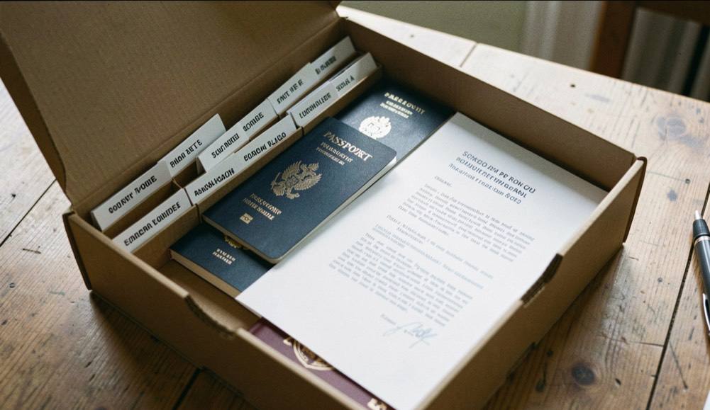 A kitchen table in late afternoon light, an open cardboard folder with a handwritten address sheet on top, a pen resting across it, and a phone showing a photographed letter, shot from slightly above.