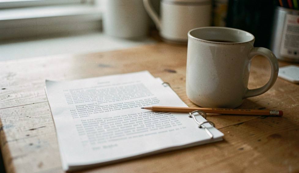 A single typed page held down by a mug on a kitchen table, with a pencil resting across the margin.