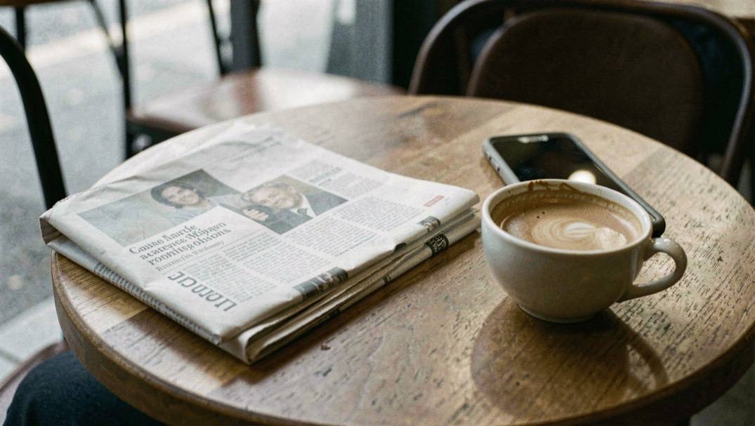A folded newspaper and a phone on a cafe table beside a half finished cup of coffee.