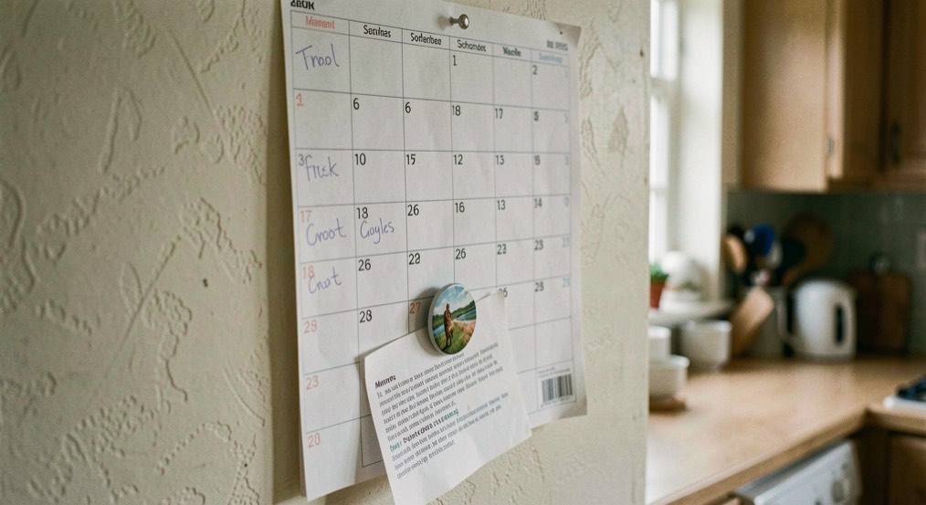 A paper wall calendar on a kitchen wall with school terms marked in pencil and a magnet holding a letter.